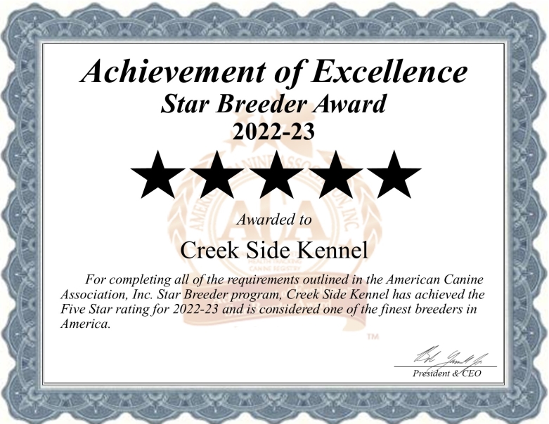 Creek Side Kennel Oberlin, KS Certificate